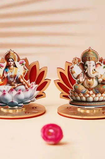 Set of 2 mdf wooden lakshmi ganesha sitting on lotus flower decorative showpieces