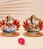 Set of 2 mdf wooden lakshmi ganesha sitting on lotus flower decorative showpieces