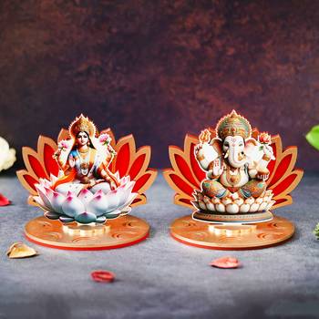 Set of 2 mdf wooden lakshmi ganesha sitting on lotus flower decorative showpieces 2