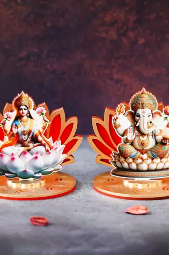 Set of 2 mdf wooden lakshmi ganesha sitting on lotus flower decorative showpieces