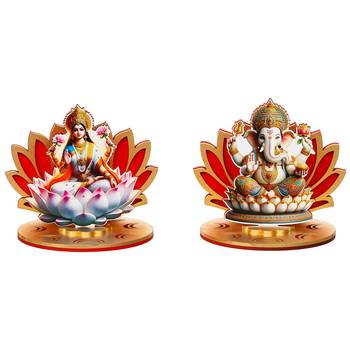 Set of 2 mdf wooden lakshmi ganesha sitting on lotus flower decorative showpieces 3