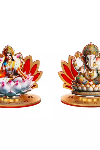 Set of 2 mdf wooden lakshmi ganesha sitting on lotus flower decorative showpieces
