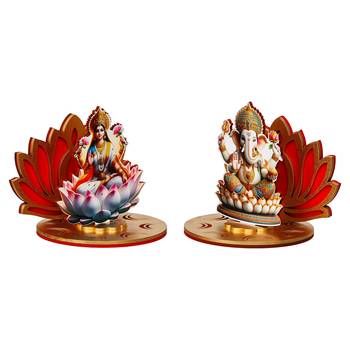 Set of 2 mdf wooden lakshmi ganesha sitting on lotus flower decorative showpieces 4