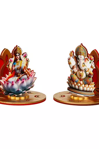 Set of 2 mdf wooden lakshmi ganesha sitting on lotus flower decorative showpieces