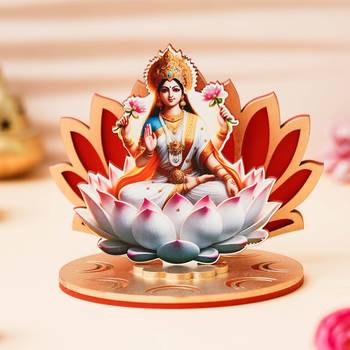 One mdf wooden goddess lakshmi sitting on lotus flower decorative showpiece 1