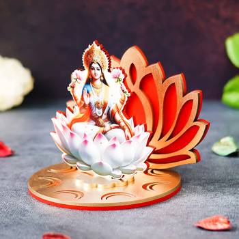One mdf wooden goddess lakshmi sitting on lotus flower decorative showpiece 2