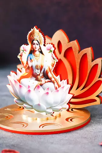 One mdf wooden goddess lakshmi sitting on lotus flower decorative showpiece