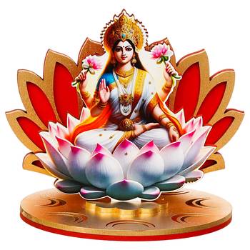 One mdf wooden goddess lakshmi sitting on lotus flower decorative showpiece 3