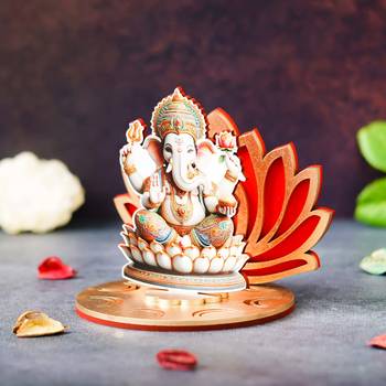 One mdf wooden lord ganesha sitting on lotus flower decorative showpiece 2