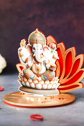 One mdf wooden lord ganesha sitting on lotus flower decorative showpiece