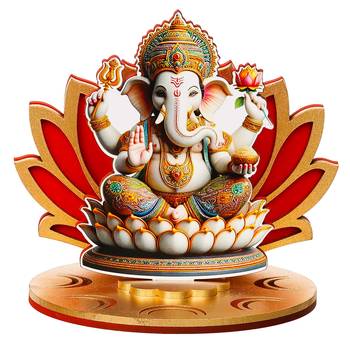 One mdf wooden lord ganesha sitting on lotus flower decorative showpiece 3
