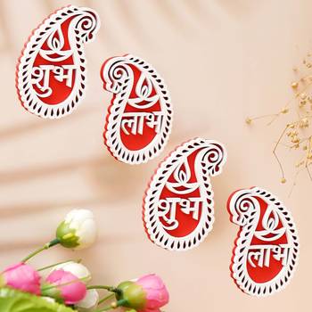 Set of 2 wooden shubh labh diya decorative showpieces for diwali home decoration 1