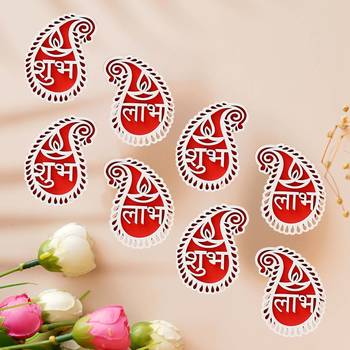 Set of 4 wooden shubh labh diya decorative showpieces for diwali home decoration 1