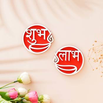 Round shaped wooden shubh labh with diya decorative showpieces for diwali 1