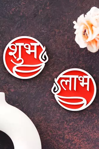 Round shaped wooden shubh labh with diya decorative showpieces for diwali