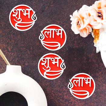 Set of 2 round shaped wooden shubh labh with diya decorative showpieces for diwali 1