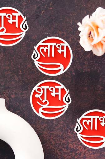 Set of 2 round shaped wooden shubh labh with diya decorative showpieces for diwali