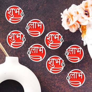 Set of 4 round shaped wooden shubh labh with diya decorative showpieces for diwali 1