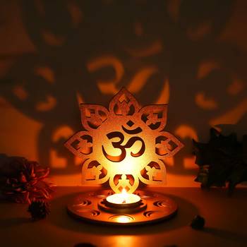 One golden mdf wooden om shadow decorative tea light candle holder diya stand 1