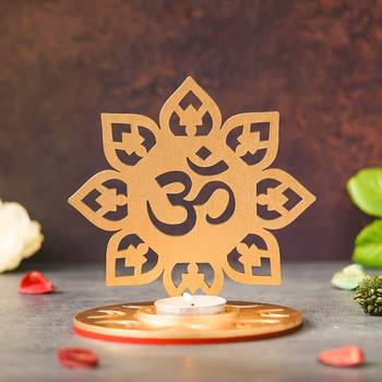 One golden mdf wooden om shadow decorative tea light candle holder diya stand 2