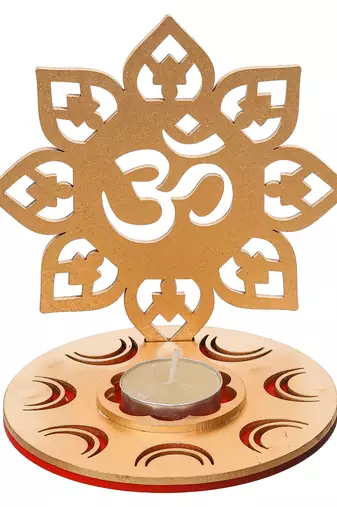 One golden mdf wooden om shadow decorative tea light candle holder diya stand