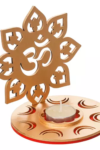 One golden mdf wooden om shadow decorative tea light candle holder diya stand