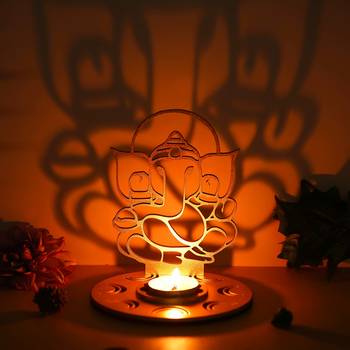 One red & golden mdf wooden ganesha shadow decorative tea light candle holder 1