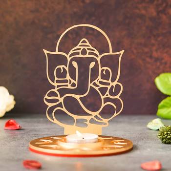 One red & golden mdf wooden ganesha shadow decorative tea light candle holder 2