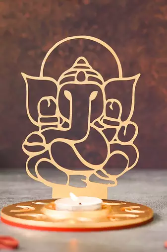 One red & golden mdf wooden ganesha shadow decorative tea light candle holder