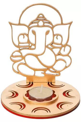 One red & golden mdf wooden ganesha shadow decorative tea light candle holder