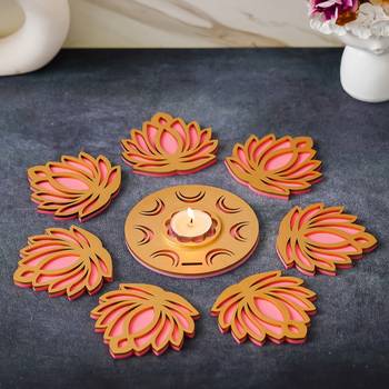Golden pink wooden cut out lotus flower rangoli showpieces 1