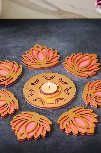 Golden pink wooden cut out lotus flower rangoli showpieces