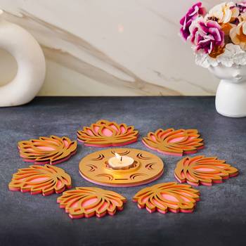 Golden pink wooden cut out lotus flower rangoli showpieces 2