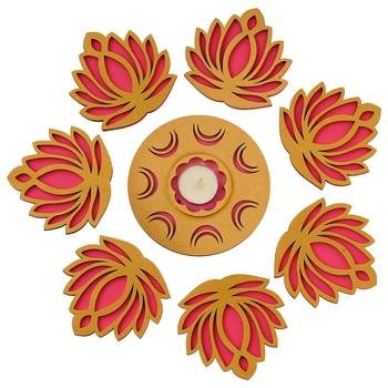 Golden pink wooden cut out lotus flower rangoli showpieces 3