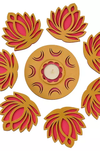 Golden pink wooden cut out lotus flower rangoli showpieces