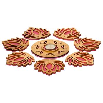 Golden pink wooden cut out lotus flower rangoli showpieces 4