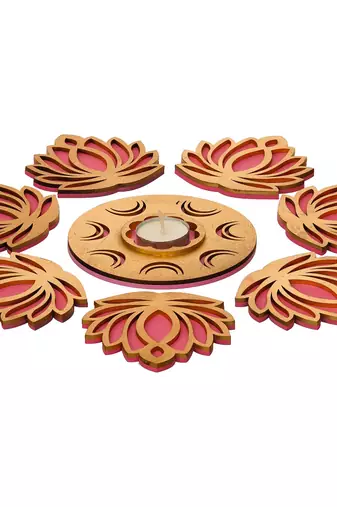 Golden pink wooden cut out lotus flower rangoli showpieces