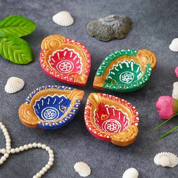Set of 4 decorative clay diyas terracotta deepam oil lamps, mitti diya 2