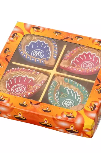 Set of 4 decorative clay diyas terracotta deepam oil lamps, mitti diya
