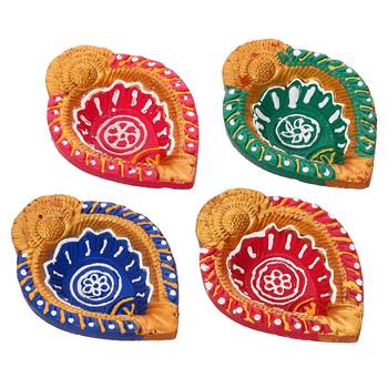 Set of 4 decorative clay diyas terracotta deepam oil lamps, mitti diya 4