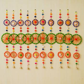Pack of 10 rings with pom-pom tassels bell wall hangings toran 1