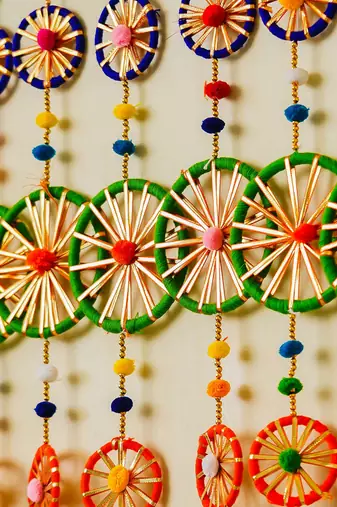 Pack of 10 rings with pom-pom tassels bell wall hangings toran