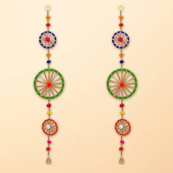 Pack of 2 rings with pom-pom tassels bell wall hangings toran 1