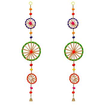 Pack of 2 rings with pom-pom tassels bell wall hangings toran 2