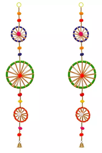 Pack of 2 rings with pom-pom tassels bell wall hangings toran