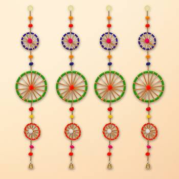 Pack of 4 rings with pom-pom tassels bell wall hangings toran 1