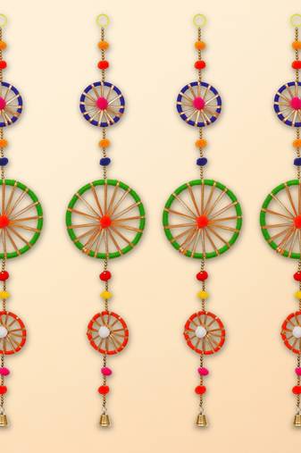 Pack of 4 rings with pom-pom tassels bell wall hangings toran
