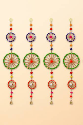Pack of 6 rings with pom-pom tassels bell wall hangings toran