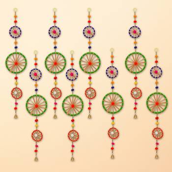 Pack of 8 rings with pom-pom tassels bell wall hangings toran 1