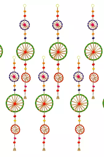 Pack of 8 rings with pom-pom tassels bell wall hangings toran
